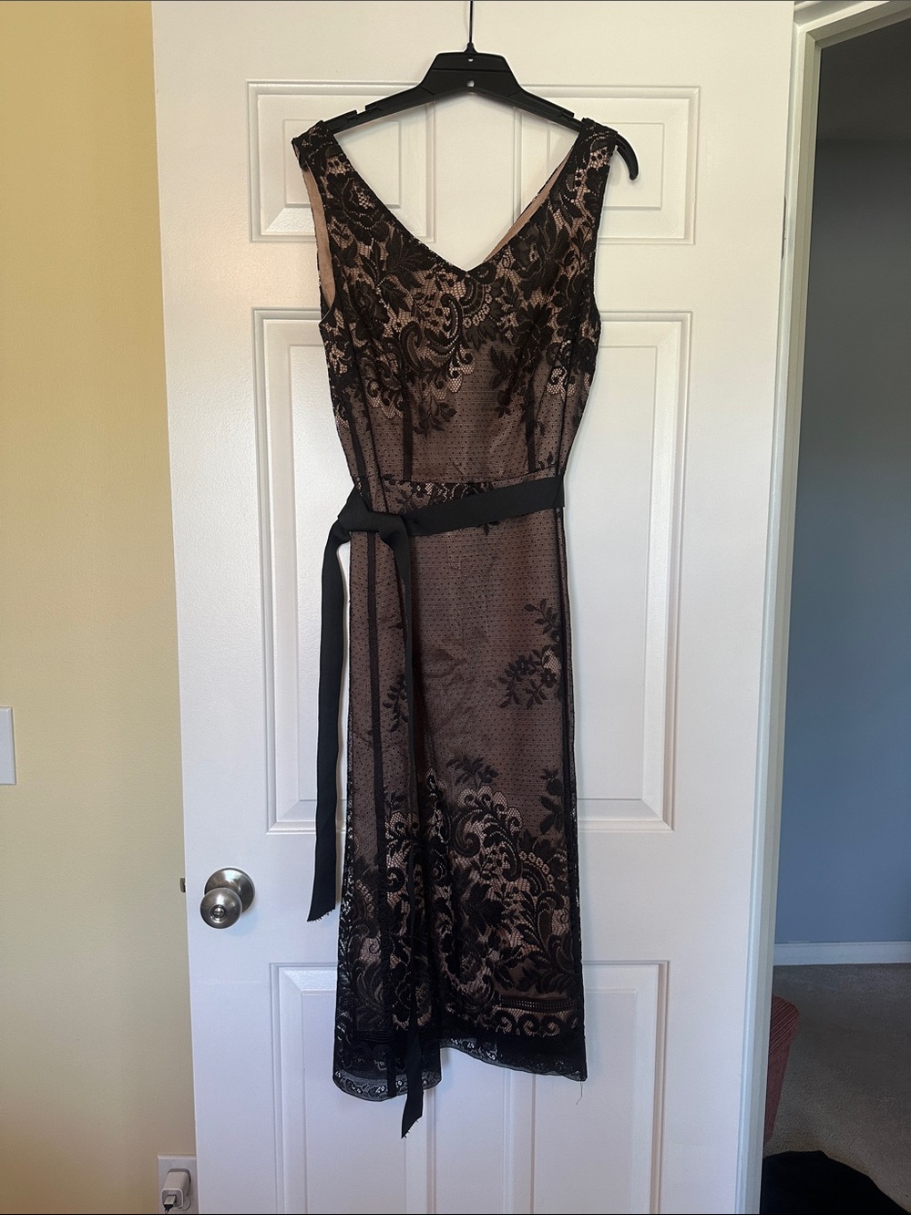 connected apparel Black Lace-Overlay Midi Dress with Nude Lining